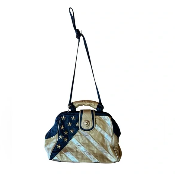 Rare Vintage Andre Nicole‎ Patriotic Gold US Flag Leather Crossbody Bowling Bag - Picture 2 of 9